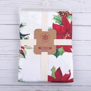 Holiday Fabric Tablecloth 60x84 Christmas Woodland Poinsettia Flowers Pinecones